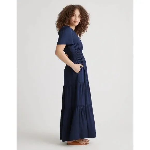 New Quince Silk Tiered Maxi Dress Women’s Small Navy Blue Maxi 4655 - Picture 3 of 11